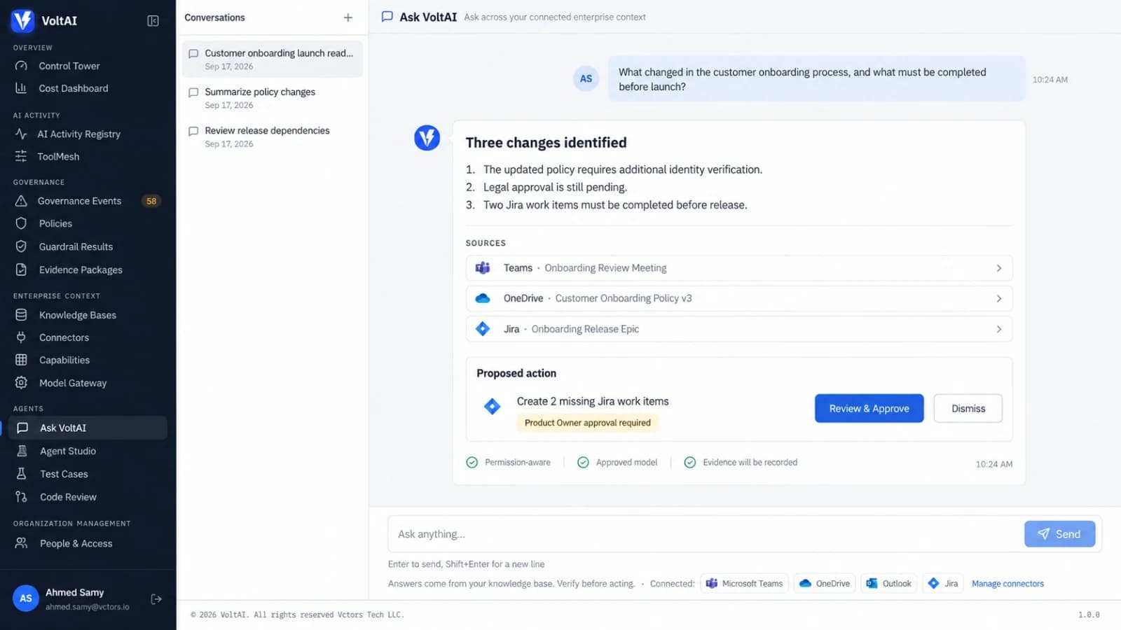 Volt AI's Ask VoltAI workspace answering a question about a customer onboarding change, citing Teams, OneDrive and Jira sources and proposing an action that requires product owner approval.